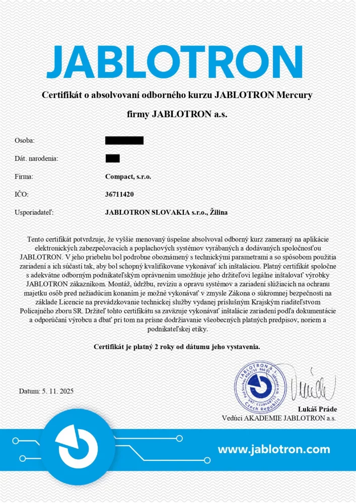 Certifikát o absolvovaní odborného kurzu JABLOTRON Mercury